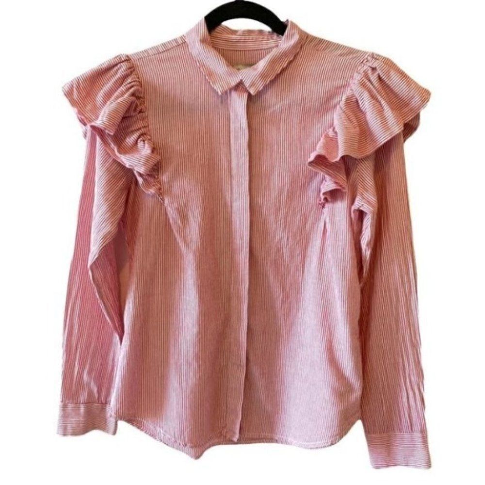 Pull&Bear ruffled blouse red stripes long sleeves eur S